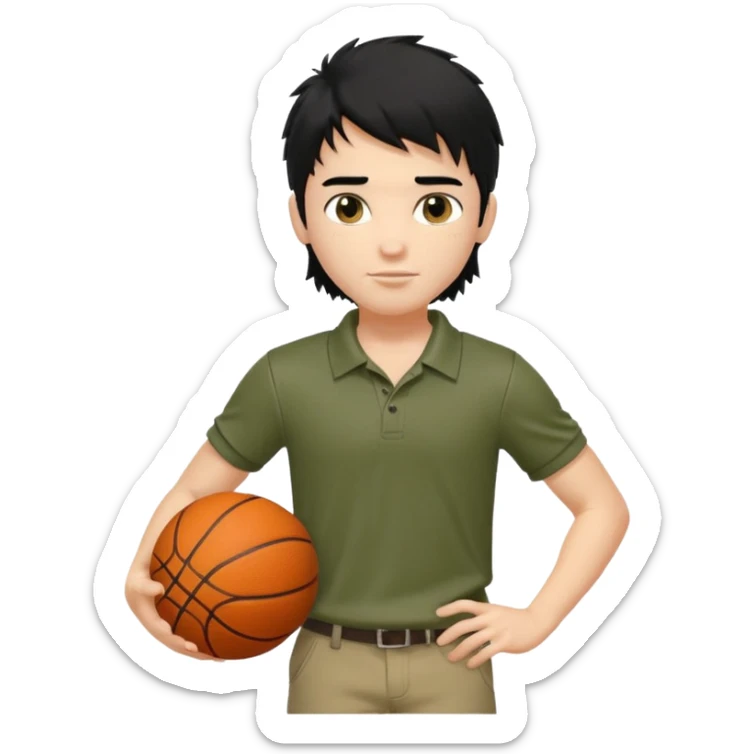 generate a pretty fair bratz boy with a long messy mullet (black hair), carrying a basketball in one hand. Smirking .  Wearing an olive polo shirt. Lean but biceps sticker