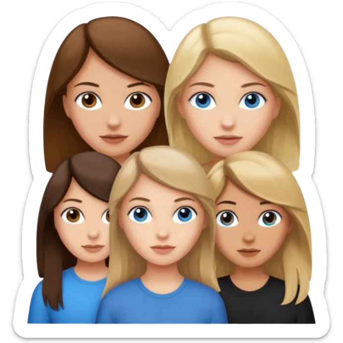 three friends: one girl who is white, has brown hair and brown eyes; one girl who is dirty blonde with blue eyes; one girl who is tan with dark brown hair and dark brown eyes sticker