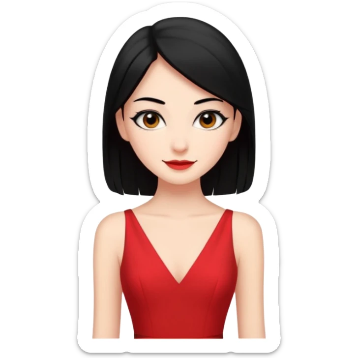 Chica súper joven y delgada con delineado con vestido rojo escotado en la espalda y pelo semi largo negro, con sonrisa coqueta sticker