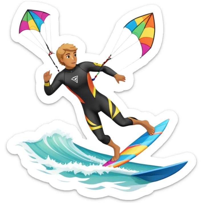 The scene captures the energy and freedom of the sport, with the sun shining and the ocean's waves splashing around. A kite surfer gliding across the ocean, with a colorful kite soaring high in the sky and the surfer carving through the waves.  sticker