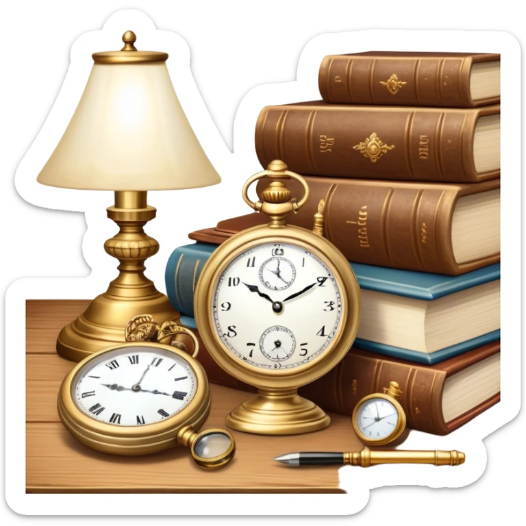 Icon for Antiques Collecting: a vintage pocket watch, an old ornate lamp, and a porcelain figurine, all placed on a wooden table surrounded by aged books and a magnifying glass. The icon should evoke the elegance and history of antique collecting. Transparent background. sticker
