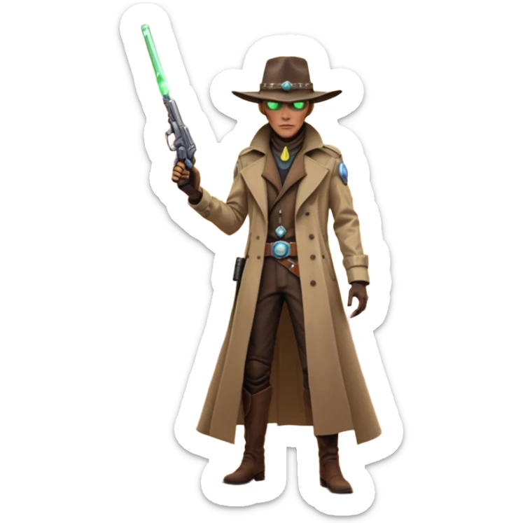 A tall alien cowboy standing in a dusty desert on an alien planet, wearing a futuristic cowboy hat and long trench coat, glowing eyes, twin plasma revolvers on his belt, dramatic sunset, cinematic lighting, ultra realistic, high detail, epic sci-fi western atmosphere

 sticker