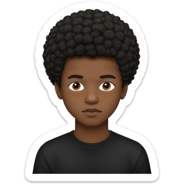 Une homme de 17 ans il a la peau noir foncé , des lèvres pulpeuses et un regard nonchalant. Il a un petit afro taper sticker