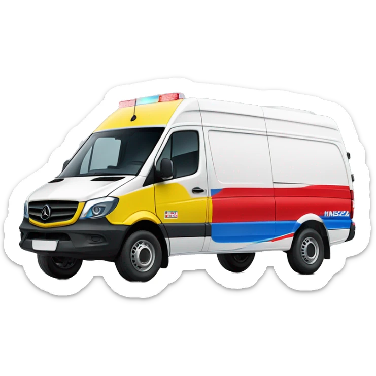yellow medical mercedes sprinter with red-blue lightbar and on the side 1 red line with a hungarian flag and 1 OMSZ  label sticker