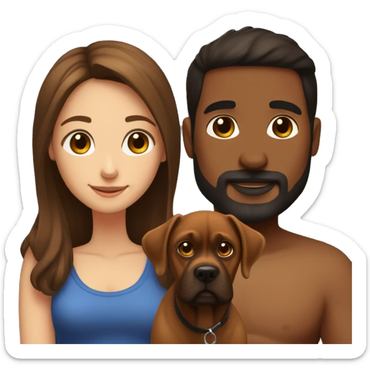 a girl with brown hair, and a man with short buzz brown hair with a beard, sitting with two dark brown boxer dogs sticker