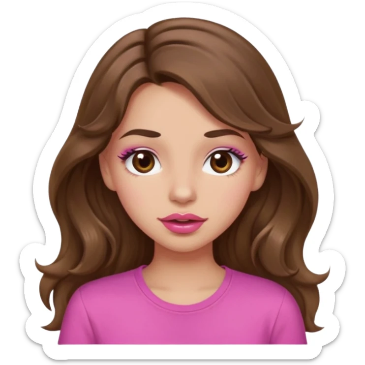 girl with long wavy brown hair, brown eyes, light to medium complexion, in a pink shirt, pink lips, long lashes, puckering lips, winking sticker