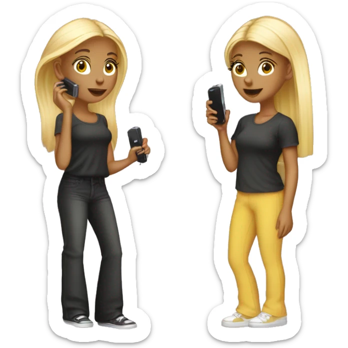 Y2k twin girls with flip phones and flare trousers and y2k hairstyles sticker