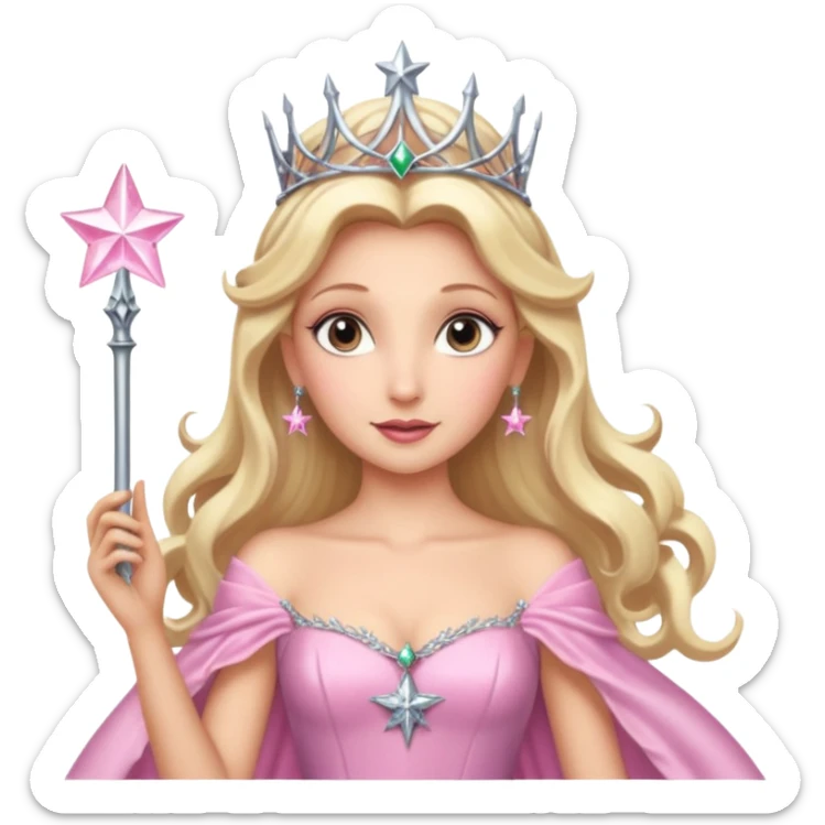 glinda the good witch from wicked movie (ariana) blonde hair, beautiful, big silver thin tiara, star wand, pink gown sticker