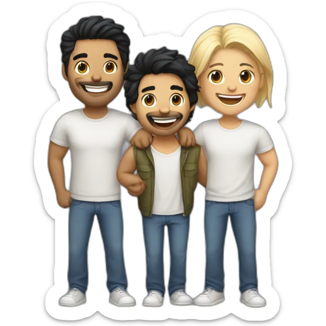 Gay couple (2 man), 1 Latino black hair the other one Australian blonde hair with a cat in the middle laughing full body sticker