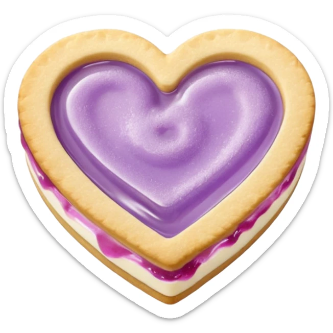 Realistic shortbread cookie in the shape of a heart with pale lilac color jelly middle filling and sprinkled powder sugar on top. sticker