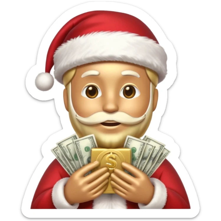 A confident rich emoji face wearing a Santa hat, money stacks, casino vibe, New Year theme, premium 3D emoji style, sharp details, no text, isolated on transparent background sticker