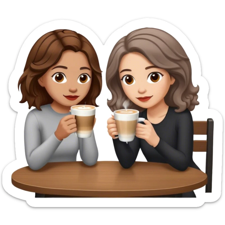puerto rican woman light skin with shoulder-length, wavy, brown hair drinking latte with pale jewish woman with short, red gray, very straight hair drinking espresso at table sticker