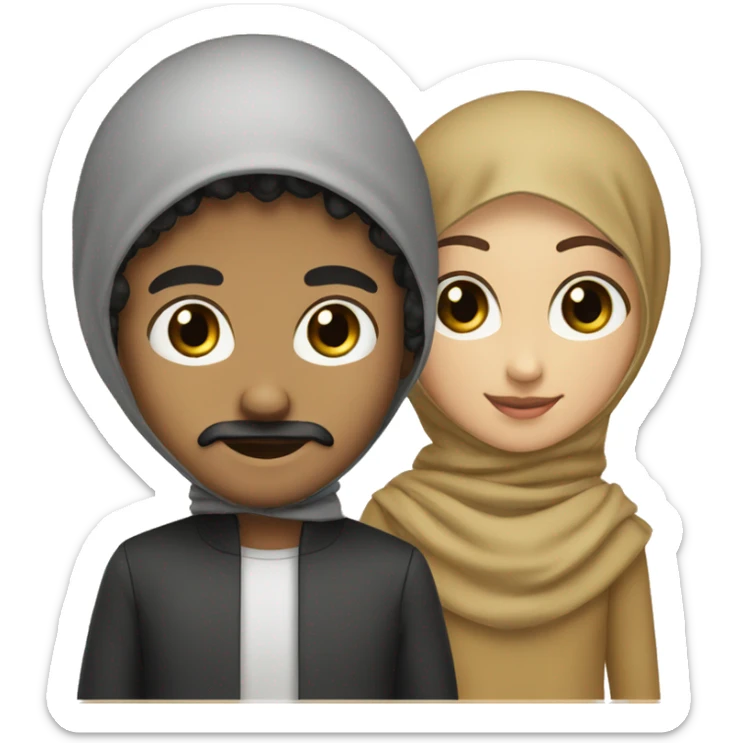 the brown boy has black short curly hair, goatee and moustache, black eyes. The girl has hijab  sticker