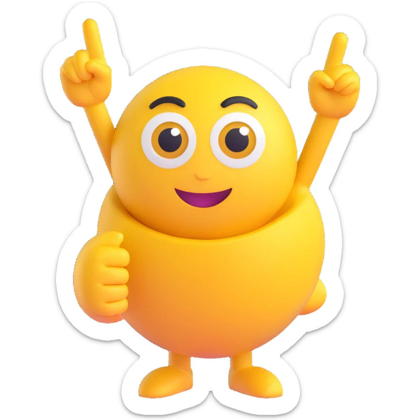 A yellow round emoji character with big eyes and a confident smile, clearly pointing both index fingers at itself. Strong “ME!” expression. Bold cartoon style, isolated on white sticker