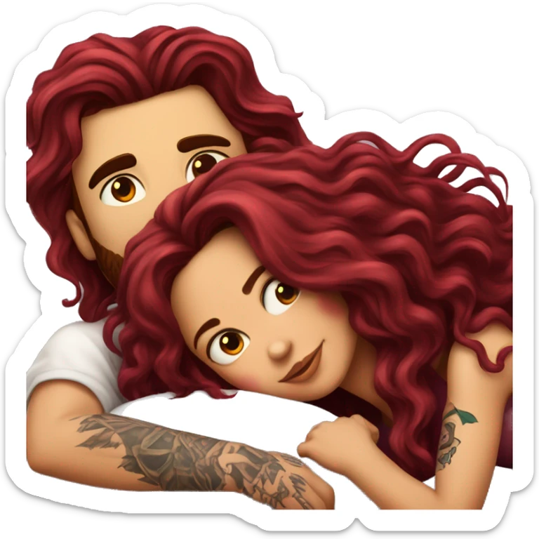 Beautiful tattooed burgundy long haired woman laying on the boyfriends chest sticker