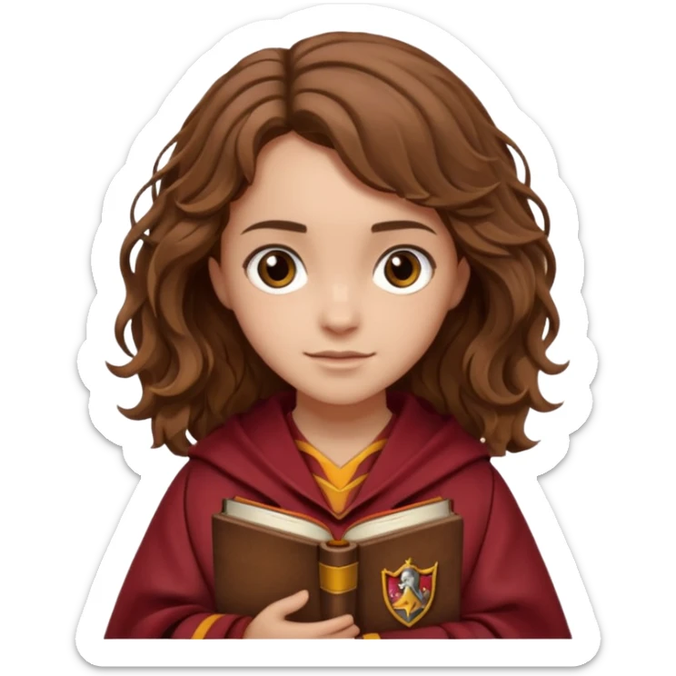 Illustrate Hermione Granger with wavy brown hair, Gryffindor robe & holding a book or wand sticker