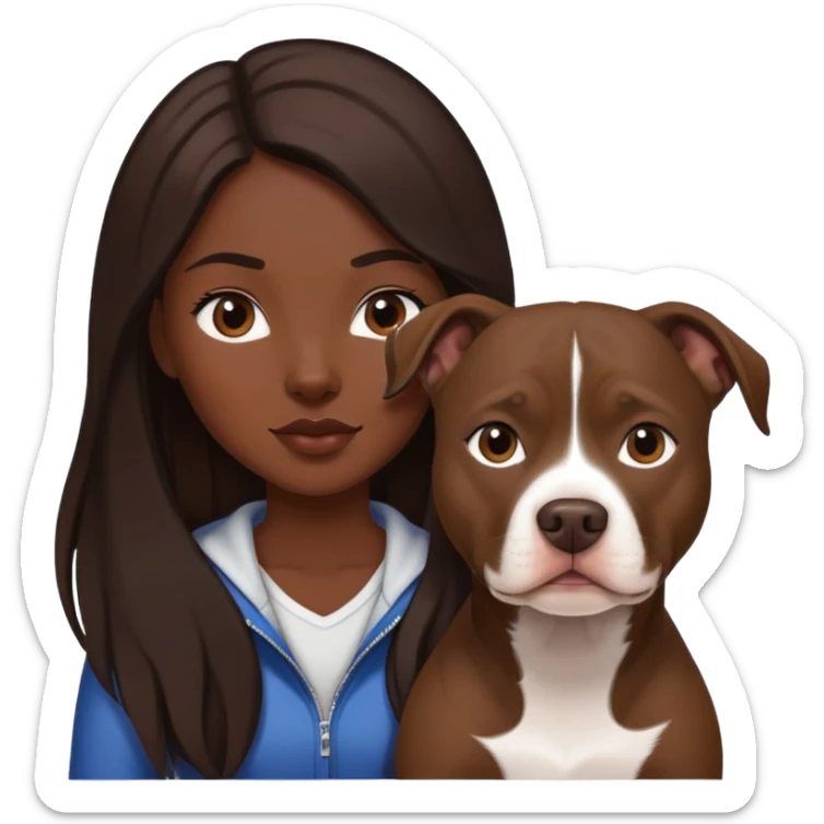 girl with dark brown long hair with her pitbull dog brown and white sticker