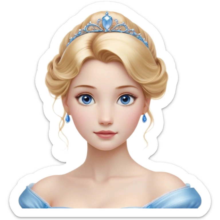Cinematic Realistic Cinderella Portrait, depicted with lifelike skin texture, subtle rosy undertones, and soft natural lighting that enhances the gentle contours of her face. Her intricately detailed golden blonde hair is elegantly styled in an updo, with delicate wisps framing her face. Her deep, expressive blue eyes radiate warmth and sincerity, reflecting a quiet resilience and grace. She holds a glass slipper gently in one hand, her other hand resting gracefully at her side, emphasizing the timeless beauty of the moment. She is dressed in her iconic ball gown, the fabric shimmering with intricate embroidery and fine translucent layers that catch the light beautifully. The soft sheen of satin gloves adds a magical touch to her graceful pose. The portrait features an enchanting glow with a natural, luminous finish, seamlessly blending realism and fairytale charm to evoke a sense of depth, elegance, and timeless beauty. sticker