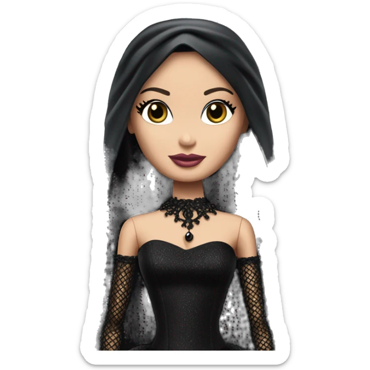 Principessa Barbie, teen Morticia Addams,cute,showing off, show full body,happily mourning accessories veil sticker