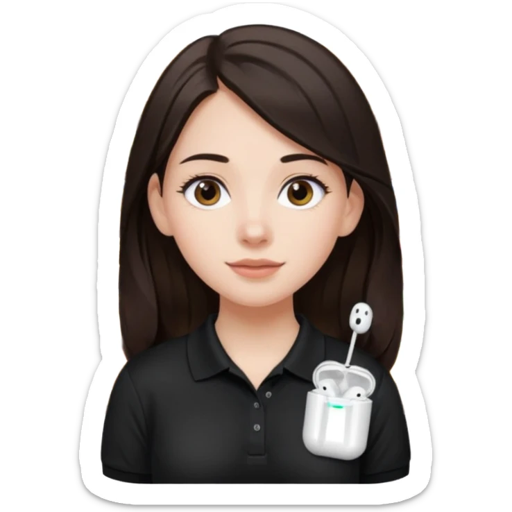 Girl with long dark brown hair with airpods wearing a black wegmans grocery store polo sticker