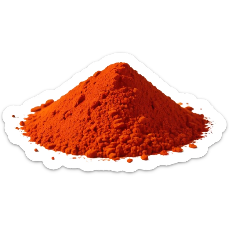small pile of ground paprika, bright red-orange, finely ground, uneven surface, some specks at the base, dry matte, rich color, minimal, no faces sticker