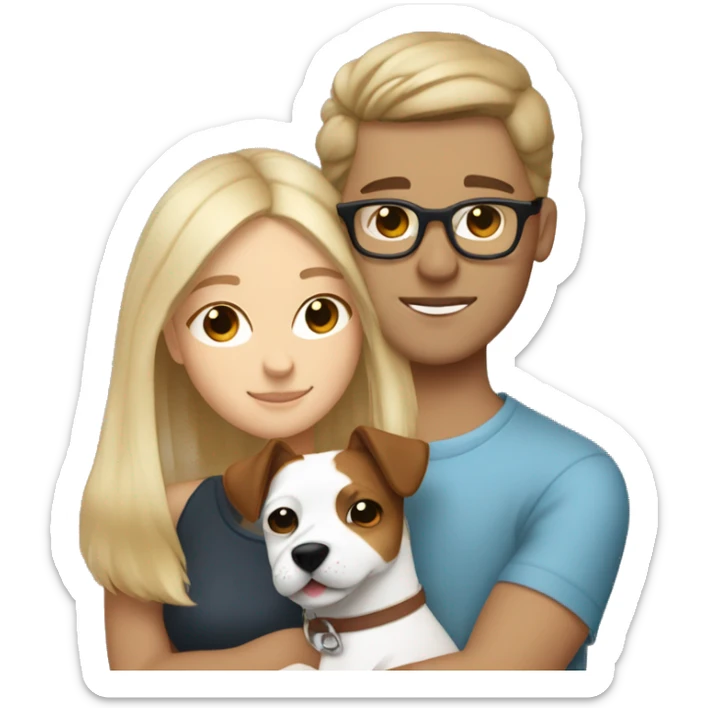Blonde girl and her white boyfriend with brown hair and glasses cuddling a jack Russell  sticker