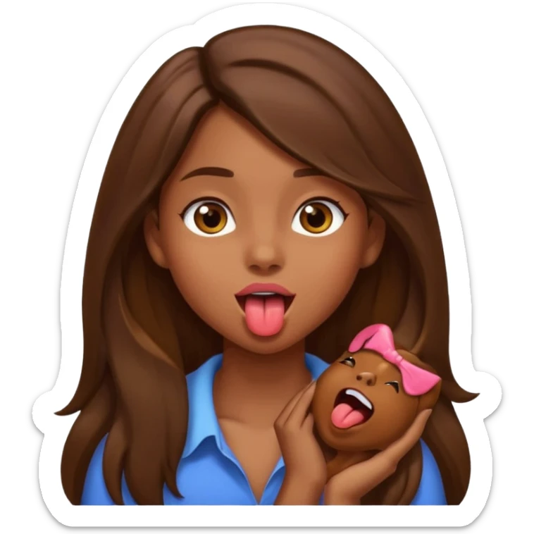 a girl with brown long hair and brown eyes holding her neck with her tongue out sticker