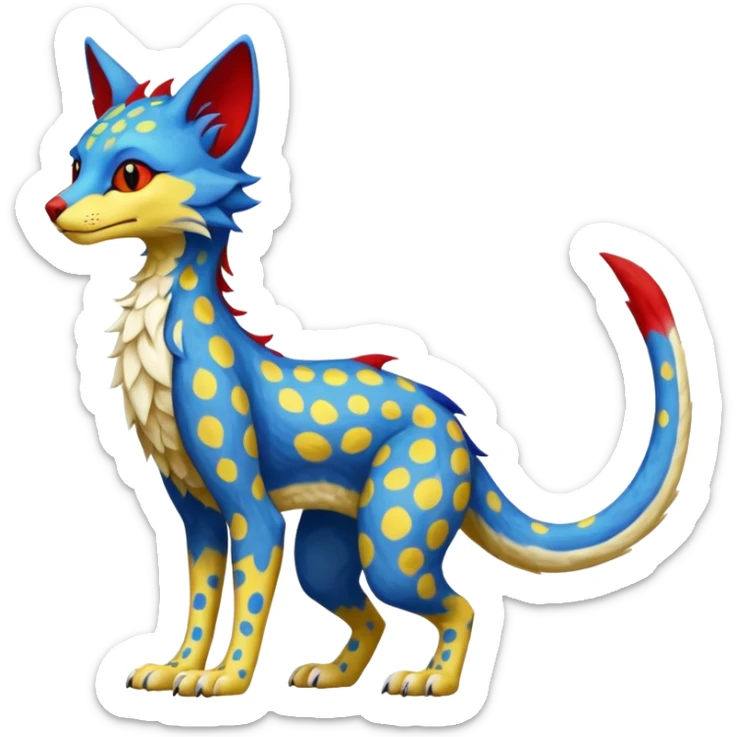 red blue and yellow spotted silly fantasy feline-vernid-sergal-fursona animal creature with a tufted tail full body with intricate markings  sticker
