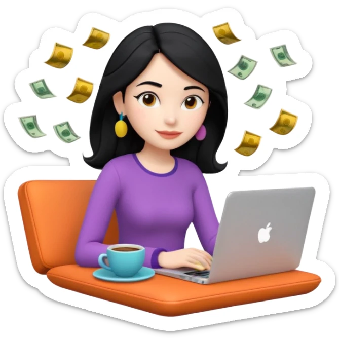 3D clay woman character relaxed with laptop and coffee in Paris, floating icons (dollars), colofrful modern outfit, white laptop, Pixar style, transparent background, black hair, fair skin,  sticker