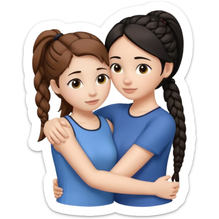 Comforting Hug two white skin women, one shorter woman with brown hair in simple top ponytail, not braided, and one taller woman with black hair in long side braid sticker
