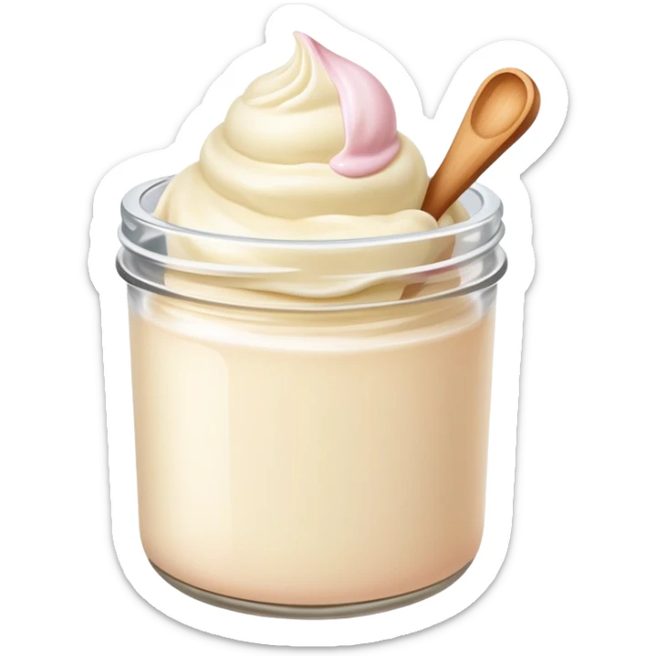 ultra realistic round single scoop of vanilla bean ice cream in light pink short jar no spoon sticker