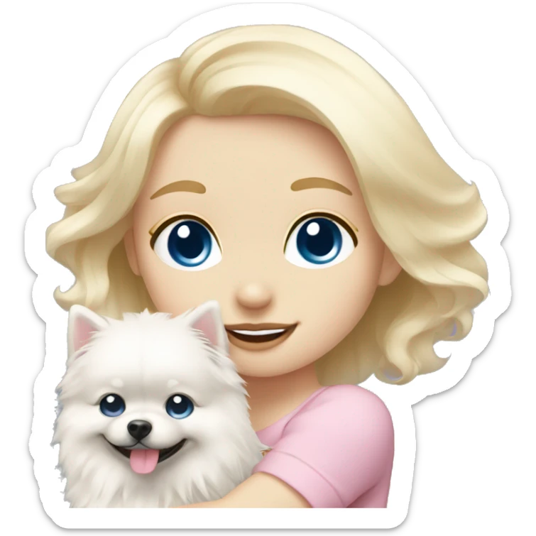Blond girl white skin blue eyes hugging white Pomeranian with light pink bow sticker