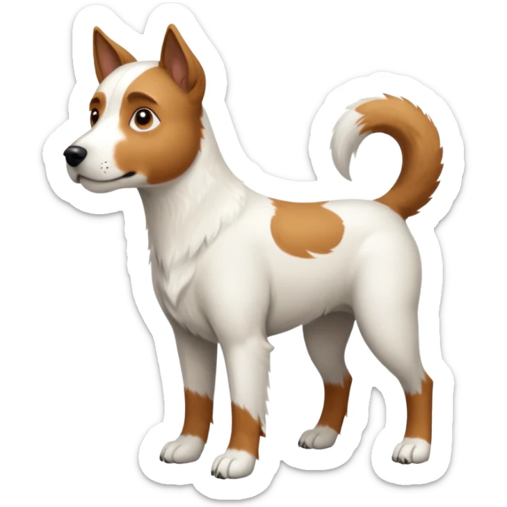 a full body large white parson russell looking dog the size of a kelpie with light brown ears and a light brown patch on one eye and a large snout sticker