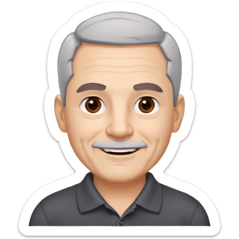 Puerto Rican older man with round face, wide jaw, light skin. Expressive dark brown eyes, thick eyebrows. Short gray hair with receding hairline. Light gray stubble beard. Friendly smile. Wearing a black polo shirt. sticker