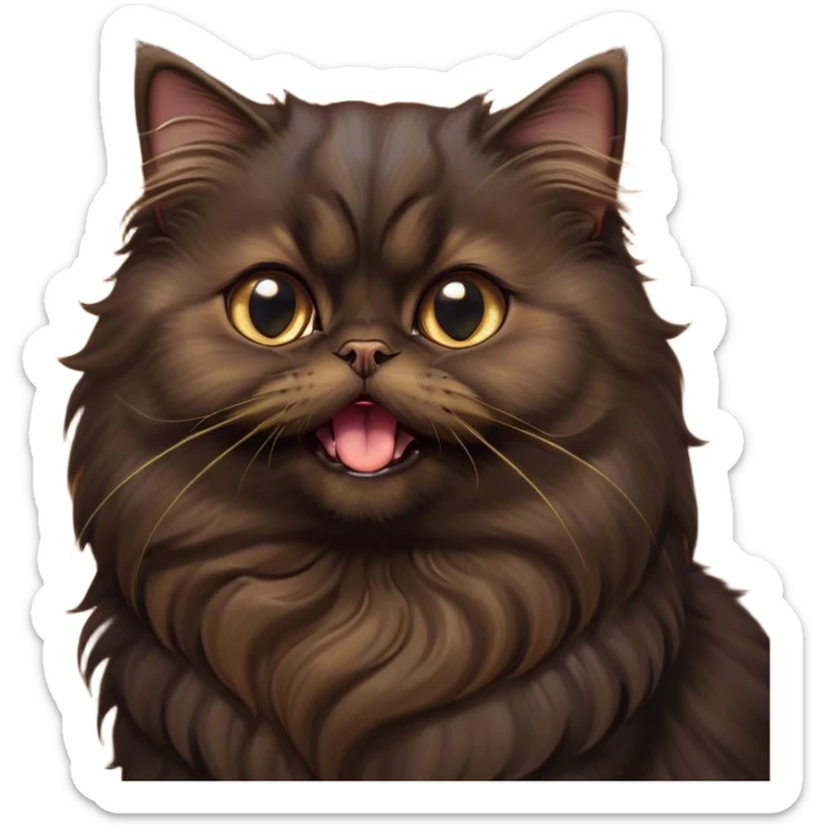 Cinematic Adorable Big-Eyed Fluffy Dark Brown Persian Cat Portrait Emoji, Head tilted playfully with a cute, exaggerated yawn, fluffy dark brown fur with rich caramel and gold undertones, Simplified yet irresistibly cute features with large, expressive eyes, highly detailed, glowing with a warm and gentle glow, high shine, a mix of affectionate and sleepy, stylized with a touch of whimsy, bright and full of charm, soft glowing outline, capturing the essence of a fluffy, loving kitty yawning in the most adorable way, so endearing it feels like it could leap out of the screen and stretch out for a cuddle! sticker