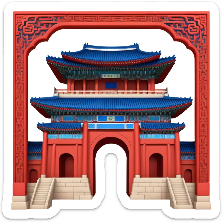 ​Cinematic Realistic Gwanghwamun Gate, depicted as a majestic historic gateway with traditional Korean architectural details, vibrant red and blue accents, and intricate carvings, set against a backdrop of modern Seoul under dynamic, natural lighting that highlights its timeless grandeur, sticker