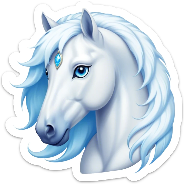 Cinematic Elegant White Horse Portrait Emoji, Head held high with a serene, graceful gaze, showcasing a magnificent pure white fur with a radiant shimmer, flowing mane and tail, and luminous blue eyes that exude beauty and grace, Simplified yet majestically refined features, highly detailed, glowing with a soft, ethereal light, high shine, poised and breathtaking, stylized with an air of pure elegance, capturing the essence of a stunning and graceful steed, so beautiful it feels like it could gallop out of the screen with effortless charm! sticker