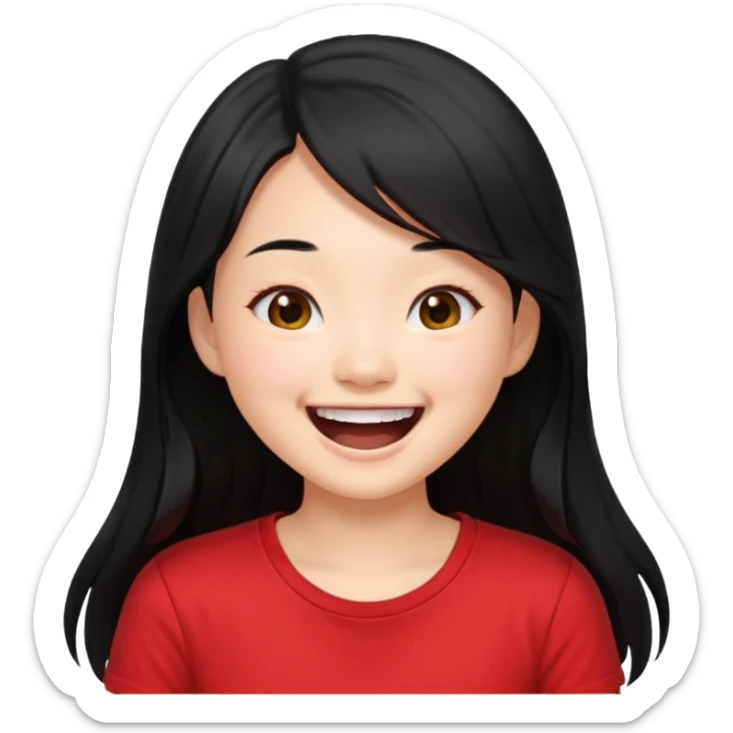 Cute asian girl with long hair and red t shirt who is laughing sticker