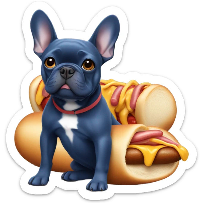 dark blue french bulldog eating hot dog  sticker