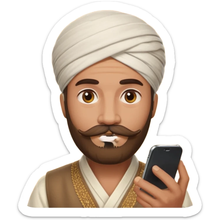 A man wearing imama sharif (traditional turban), with a beard and moustache, using a smartphone. The man looks focused while using the mobile. Realistic emoji-style illustration with soft lighting and warm tone sticker