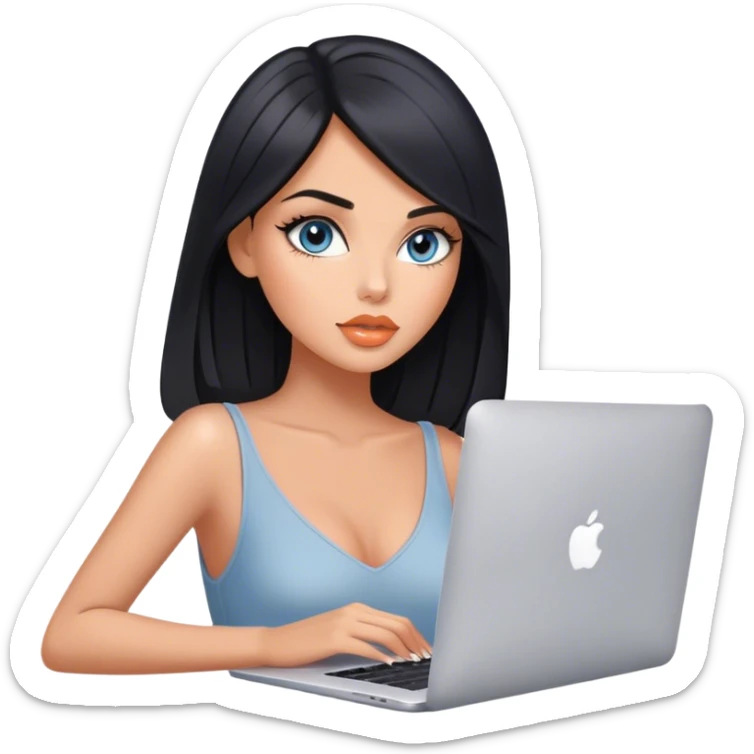 Glamours tanned very beautiful girl with pump peach nude lips and black straight smooth medium length hair, blue-grey eyes with MacBook sticker