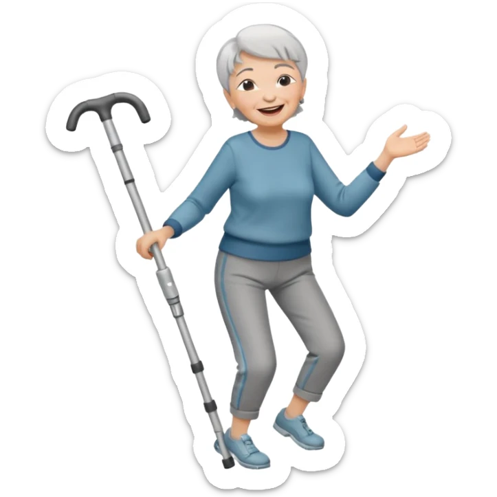 old woman with short hair, dressed with pants, langhing and dancing with crutches sticker