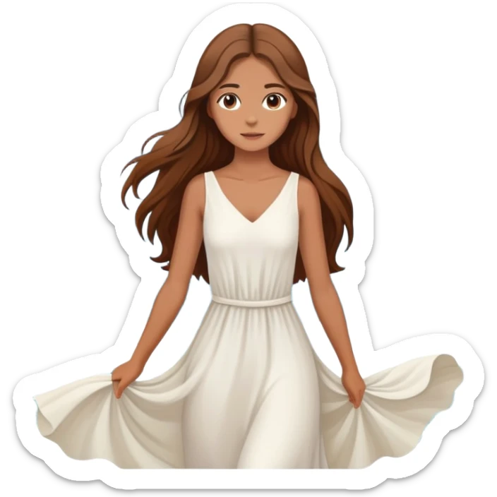 Girl with long brown hair wearing a flowing white dress, standing where the sea meets the mountains Montenegro in the background  sticker
