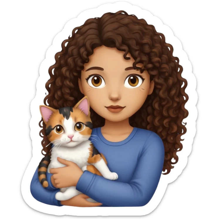 Light brown skin, dark curly hair, girl holding calico cat sticker