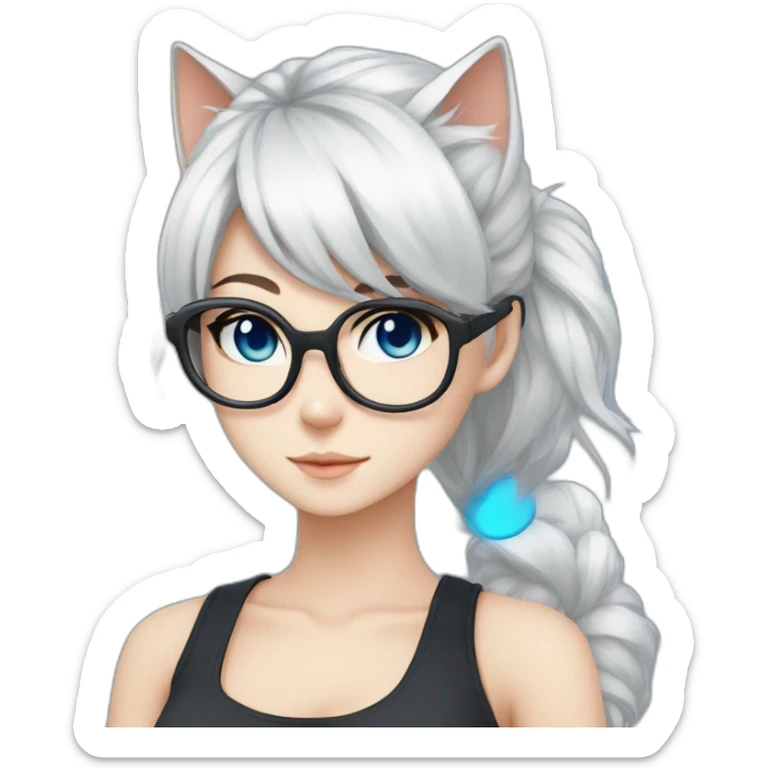 anime style white hair catgirl, black glasses, tank top, pony tail hair, blue eyes sticker