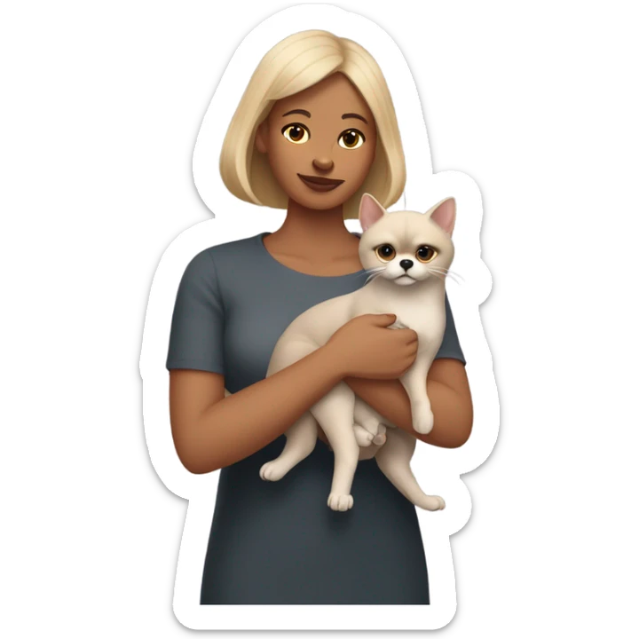 Woman in the right arm is holding a sphinx grey cat and in the left arm holding a Pomeranian dog sticker
