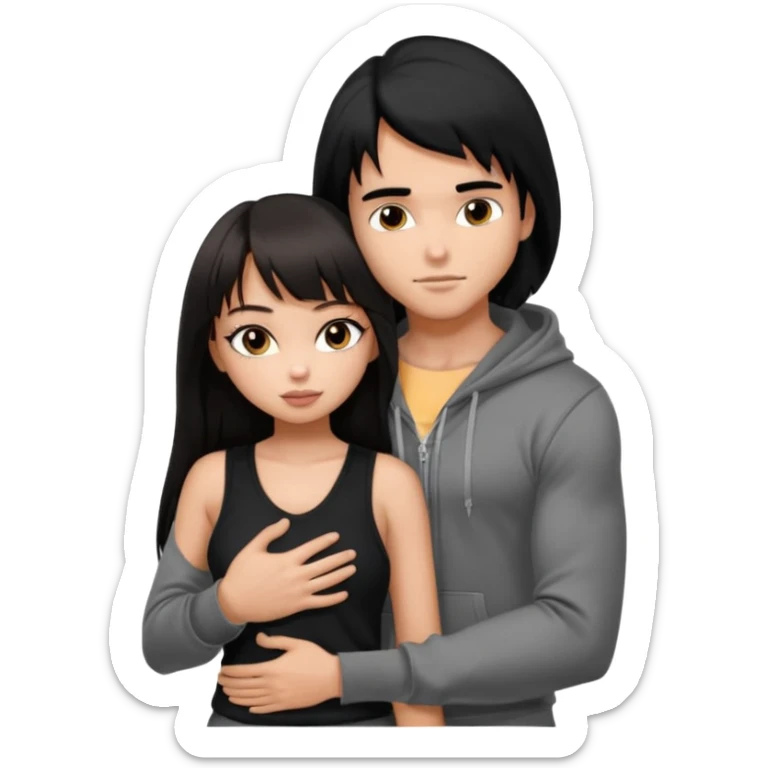 generate a pretty bratz girl in black cami top, dark brown straight long hair with bangs, eyeliner on, 

hugging a handsome muscular boy with black hair and a grey hoodie sticker