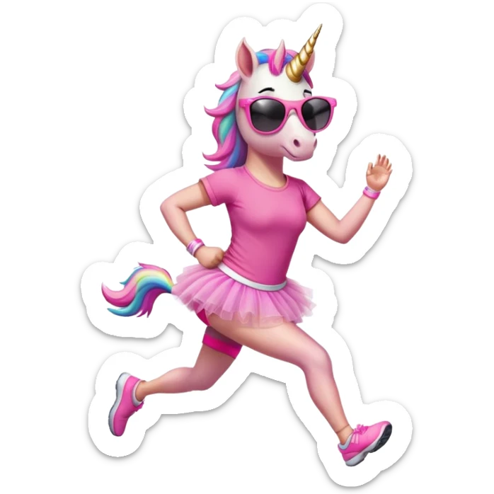 friendly anthropomorphised female unicorn with horse-like face, in tutu and pink t-shirt, wearing dark sunglasses, jogging upright in relaxed pose sticker