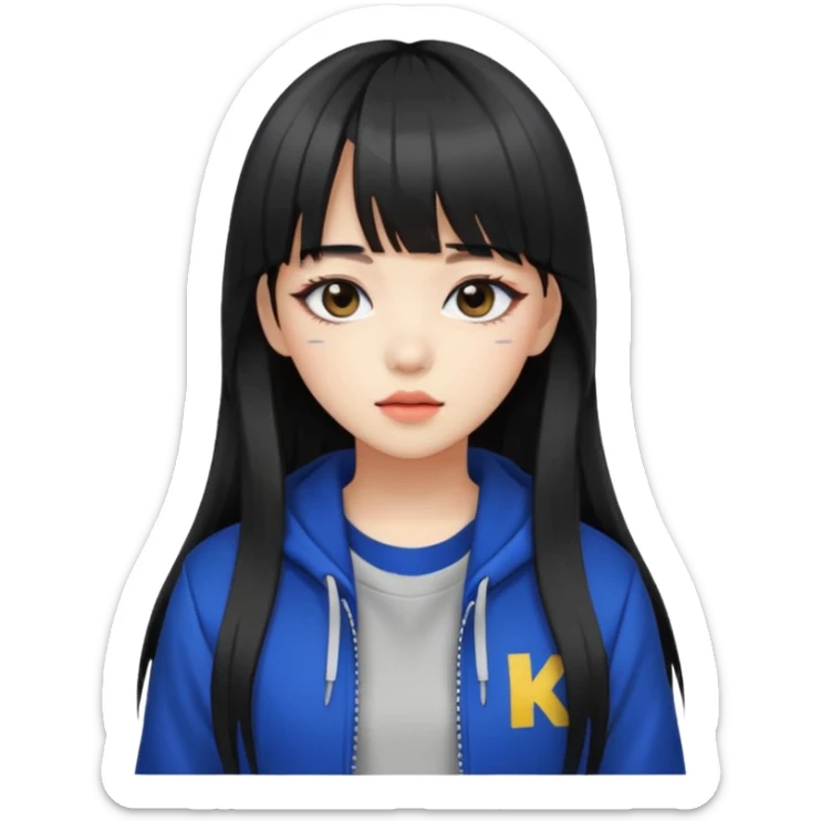 Portrait of a female K-pop idol, wearing a stylish streetwear outfit with layered clothing, long hair with bangs, makeup, cool face sticker