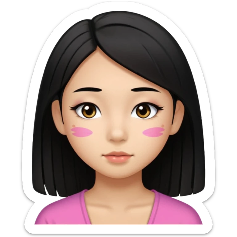 a tan chinese-american 15 year old girl with straight black hair down to her chest. mascara and a little blush. sticker